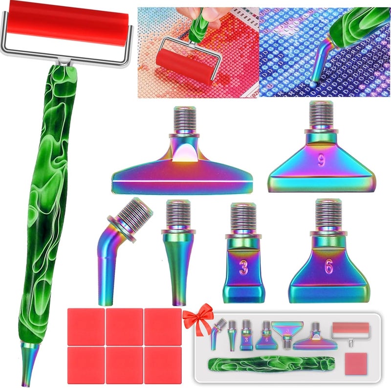Heyseri 14PCS Diamond Painting Pen Accessories Tools Set, Exquisite Stainless Steel Metal Pen Tips,Ergonomic Diamond Art Pen and 6 Painting Glue Clay,Comfort Grip and Faster Drilling (Green Rainbow) - Image 1